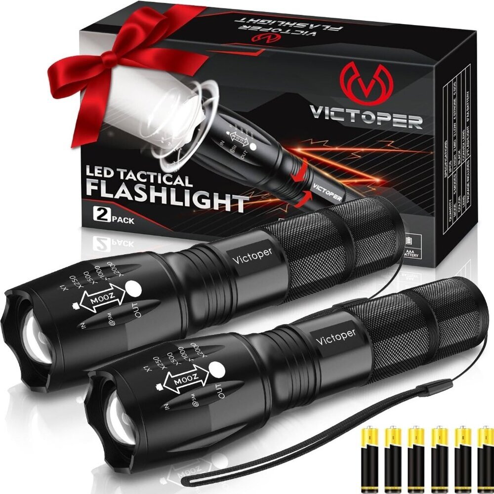 LED Flashlight 2 Pack, Bright Tactical Torch High Lumens with 5 Modes, Waterproo